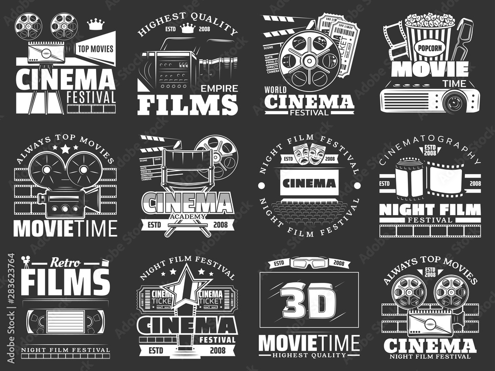 Movie theater, cinema film reel, camera, popcorn