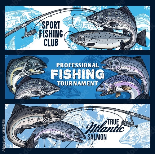 Fishing rod with salmon fish. Fisherman tournament