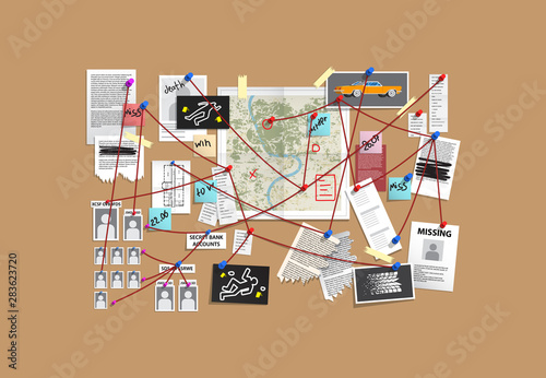 Detective Board with pins and evidence, crime investigation © shopplaywood