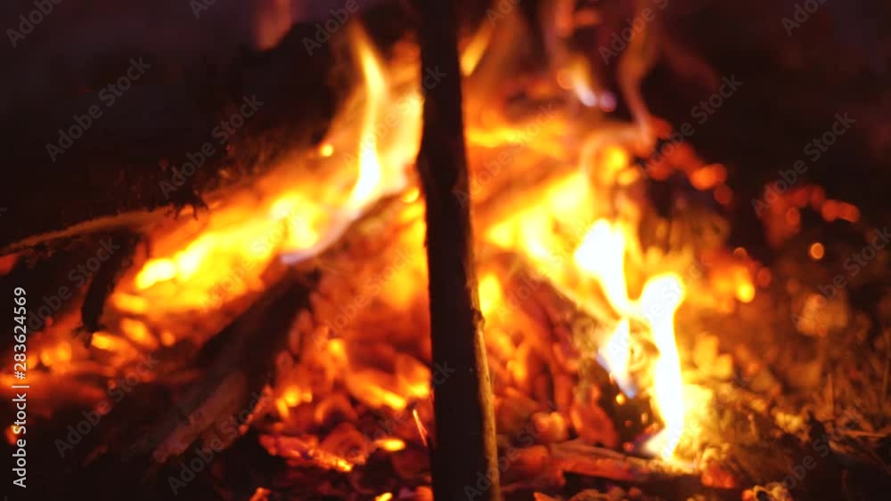 Bonfire for a barbecue. Bright red Fire with flying sparks on the nature. Warm fireplace close up Bonfire for a barbecue. Bright red Fire with flying sparks on the nature. Warm fireplace close up