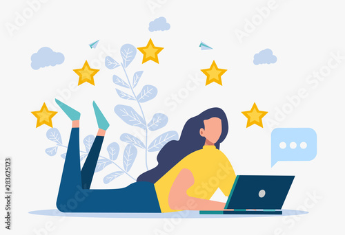 Colorful illustration on white background. The best performance score, a score of five. people leave reviews and comments, the highest rating for successful work. Vector flat illustration.