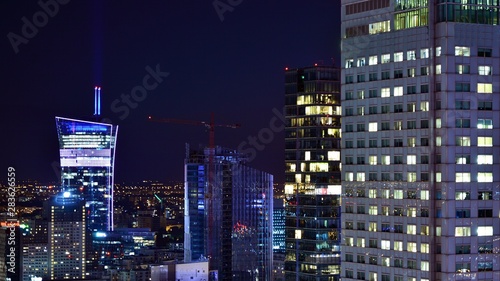 Modern office building at night. Night lights, city office building downtown, cityscape view 