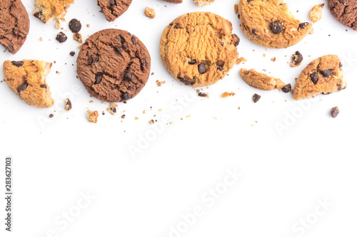 homemade chocolate chips cookies on white background in top view