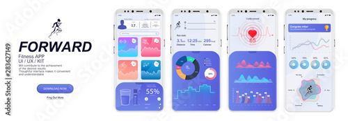 Fitness App Screens, UI, UX, KIT, GUI in flat style. Mock up mobile app. Fitness application design. designing responsive websites. Smartphone, mobile app template with charts and infographics.