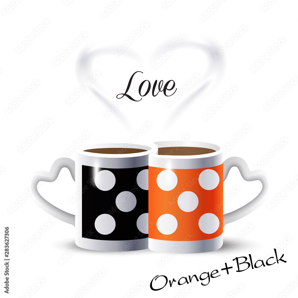 Coffee couple mugs and heart shape. Abstract Sale banner orange & black  color geometric frames marble background kitchen trendy design love concept  Cappuccino breakfast Menu Poster Espresso gift card Stock Vector |
