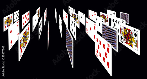 Playing cards in perspective isolated on black background