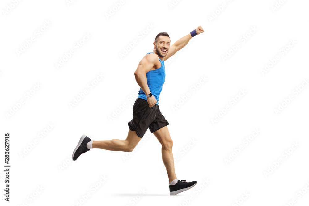 Young man running and gesturing with hand