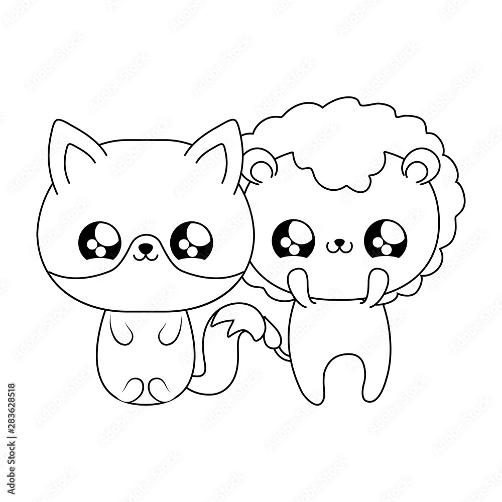 cute lion with fox baby animals kawaii style cute lion with fox baby animals kawaii style