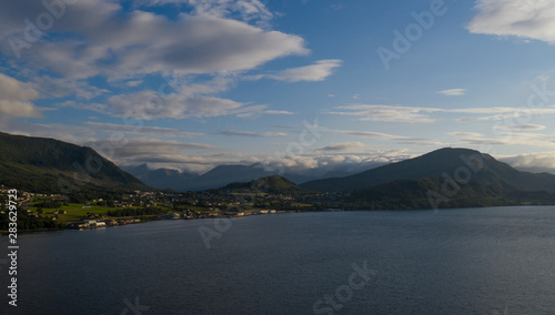 Orsta Norway cityscape. Panoramic aerial view from drone at sunset in july 2019