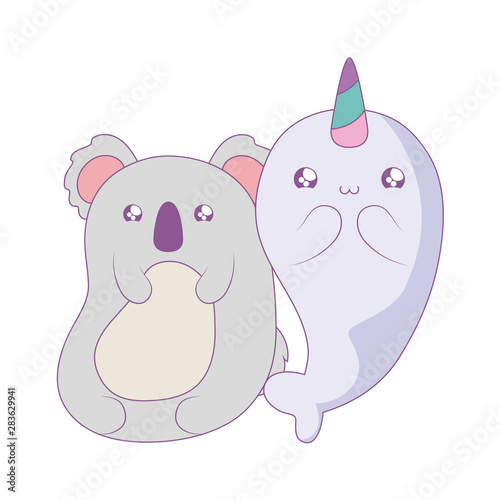 cute narwhal with koala baby animals kawaii style