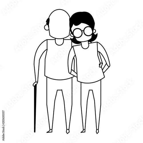 grandparents senior old people cartoon faceless in black and white