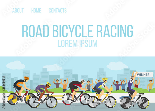 Road bicycle racing sport competition cartoon web template vector illustration. Group of cyclists or bicyclers in uniform and helmets at finish and a winner with hand up on bicycle.