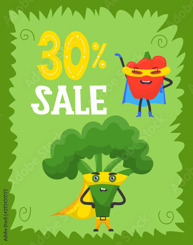 Funny vegetables hero and sale, superhero characters in capes and masks, flat style cartoon vector illustrations. Green banner with sale figures. Funny vegetables superhero characters.