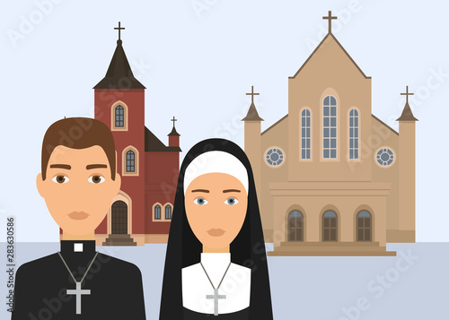 Catholic religion vector illustration. Pastor character and catholic nun with cross and cathedral or church isolated on white background. Christian religion of Catholisism
