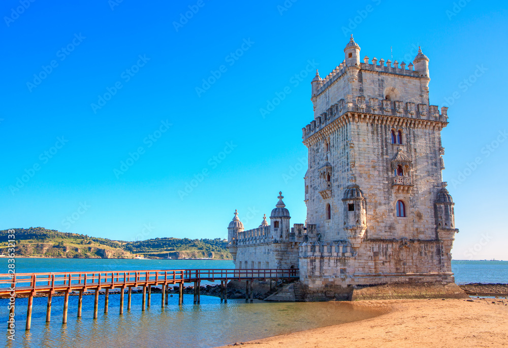 view of famous Belem Tower in Lisbon , Portugal 