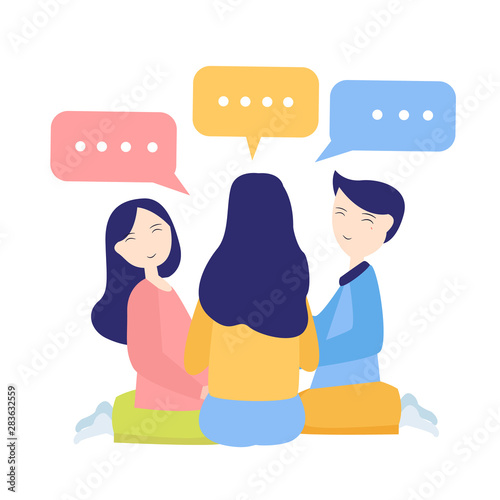 discussion between friend or coworkers speak gossip. Colleagues brainstorming having conversation together male female. speech bubble.