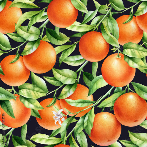 Oranges on a branch seamless background. Watercolor pattern of citrus leaves, fruit and blossoms.