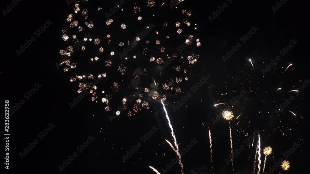 Red and white starburst firework exploded in the night sky.
