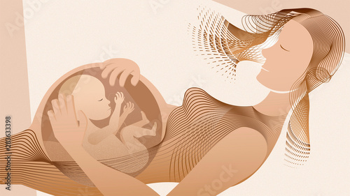 Loving mother, mommy taking care of the growing fetus in her belly. Obstetrics, Fertility, Prenatal Conceptual Illustration. Brown background. photo