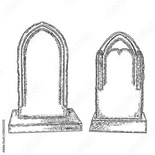 Set of tomb stone drawing. Grave for dead as Halloween tombstones prop. Hand drawn gravestone. Vector.