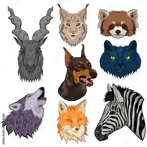 Set of animal heads isolated on a white background. Vector graphics.