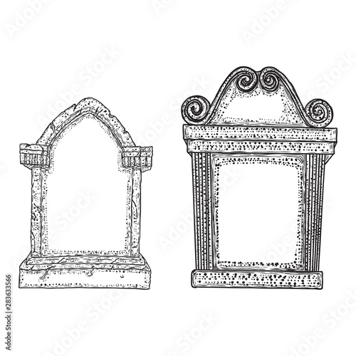 Set of tomb stone drawing. Grave for dead as Halloween tombstones prop. Hand drawn gravestone. Vector.
