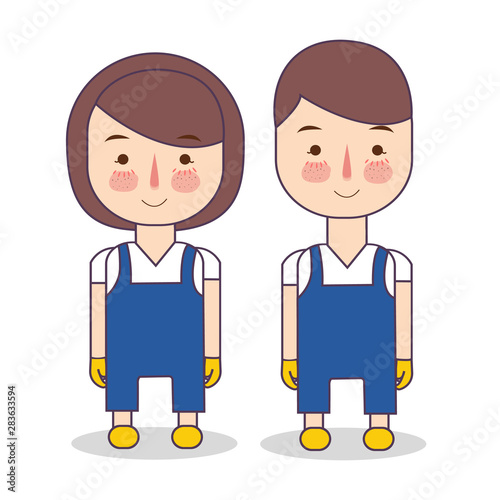 cleaning service uniform. Illustration of staff wearing maintenance blue clothes and yellow gloves. Hotel housekeeper. Illustration of people occupation cartoon character