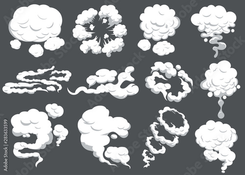 Cartoon smoke set. Smoking car motion clouds cooking smog smell. Explosion cloud. Vector