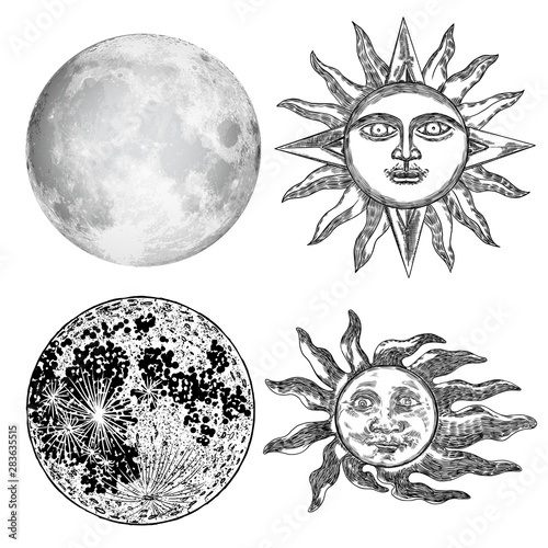 Style set of realistic full moon and human face like crescent, stipple hand drawing, anthropomorphic  vintage sun engraving with rays like a star. Astrology or astronomy planet design. Vector.