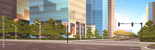 beautifil city street asphalt road with traffic light high skyscrapers modern cityscape background flat horizontal closeup