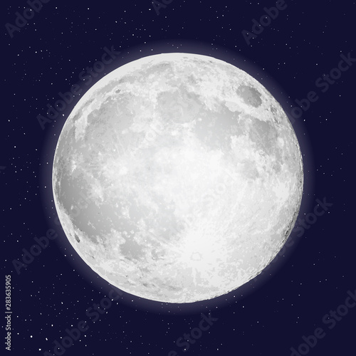 Realistic full moon isolated. Shiny on dark blue space background in cosmos or stars. Astrology or astronomy planet design. Tattoo flesh design. Vector