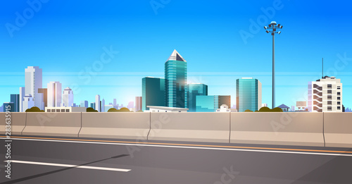 highway asphalt road with chipper city skyline modern skyscrapers cityscape background flat horizontal banner