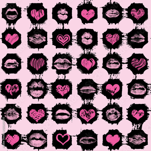 Seamless background of red, pink, black hearts and lips on retro pop up grunge brush  background. Stylish gothic endless wrapping paper for Valentine day adult sex shop merchandise. Vector.