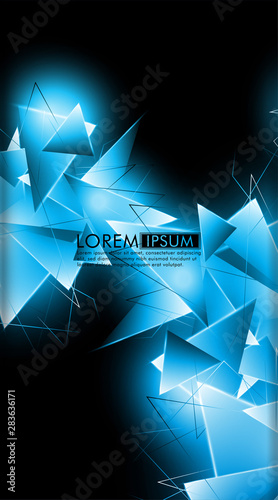 vertical triangle background. Abstract composition of 3D triangles. Modern geometric blue insulated black background