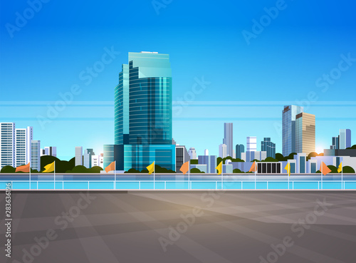 city skyline modern skyscrapers fence and river against cityscape background flat horizontal banner