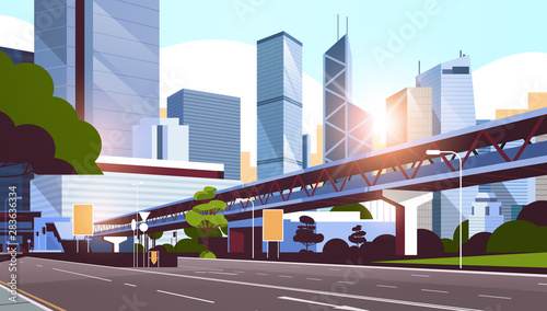 highway road to city skyline with modern skyscrapers and subway cityscape sunrise background flat horizontal