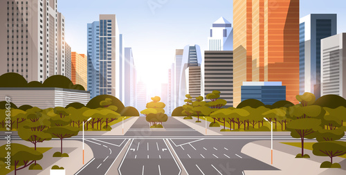 highway asphalt road with marking arrows traffic signs city skyline modern skyscrapers cityscape sunrise background flat horizontal