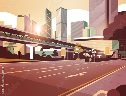 highway road to city skyline with modern skyscrapers and subway cityscape sunset background flat horizontal