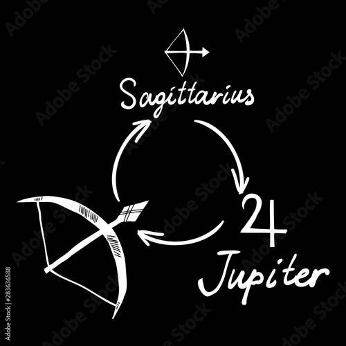 Hand drawn zodiac constellations symbol and sign Sagittarius, Jupiter illustration picture planet and symbol written name. Usable for mystic occult palmistry and witchcraft alchemy. Vector