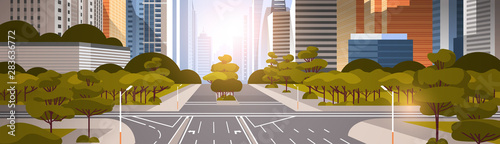highway asphalt road with marking arrows traffic signs city skyline modern skyscrapers cityscape sunrise background flat horizontal