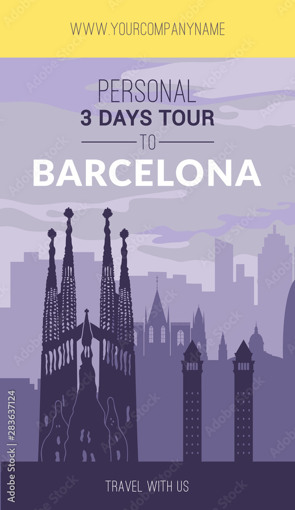 Naklejka premium Placard with famous Barcelona city scape.