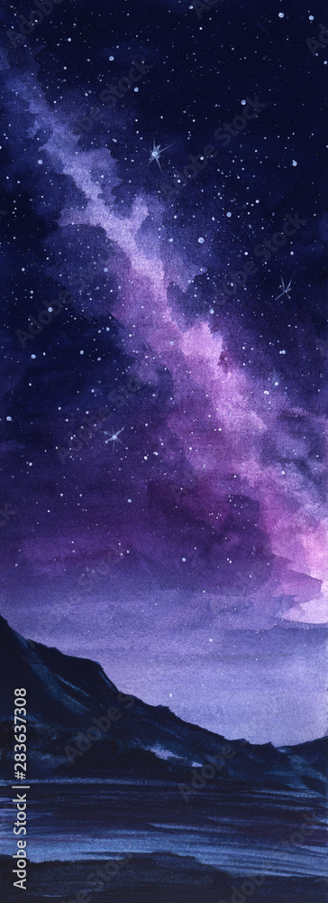 Abstract night landscape. Dark outlines of mountains beneath night sky with multi-colored flashes of starlight and marvelous milky way of gradient purple shades. Watercolor hand drawn illustration.