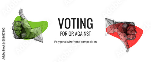 Hand, big finger up and down. Low poly wireframe style. Concept voting, questionnaire. Like or Dislike. Abstract isolated on white background. Particles are connected in a geometric silhouette.