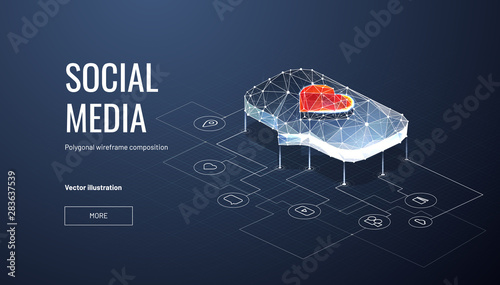 Like glow on the social media. Circuit board with icons. Isometric Low poly wireframe style.Operational work SEO or SMM specialist. Data analitics. Abstract isolated on blue background.