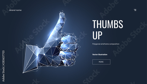 Hand, Thumb up. Low polygon wireframe style. Abstract isolated on blue background. Gesture hands in the form of a starry sky. Development approval symbol. Plexus lines and points in silhouette.