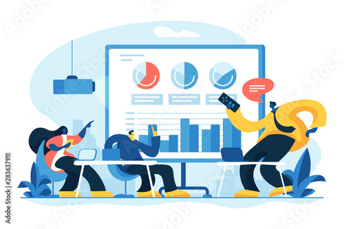 Market analytics and statistics research. Business plan discussion. Digital presentation, office online meeting, visual data representation concept. Vector isolated concept creative illustration
