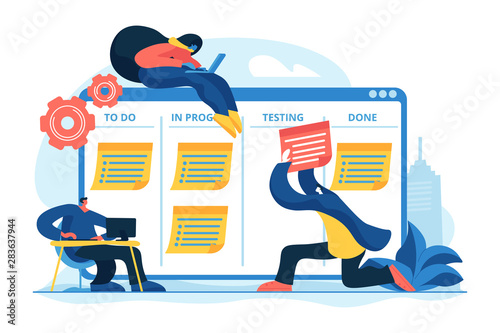 Kanban board. Time tracking and workflow coordination. Productivity planning. Task management, project managers tool, task management software concept. Vector isolated concept creative illustration