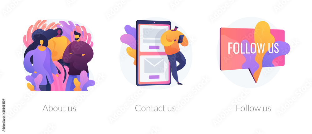 Customer loyalty and technical support web icons set. Clients hotline. Website information. About us, contact us, follow us metaphors. Vector isolated concept metaphor illustrations