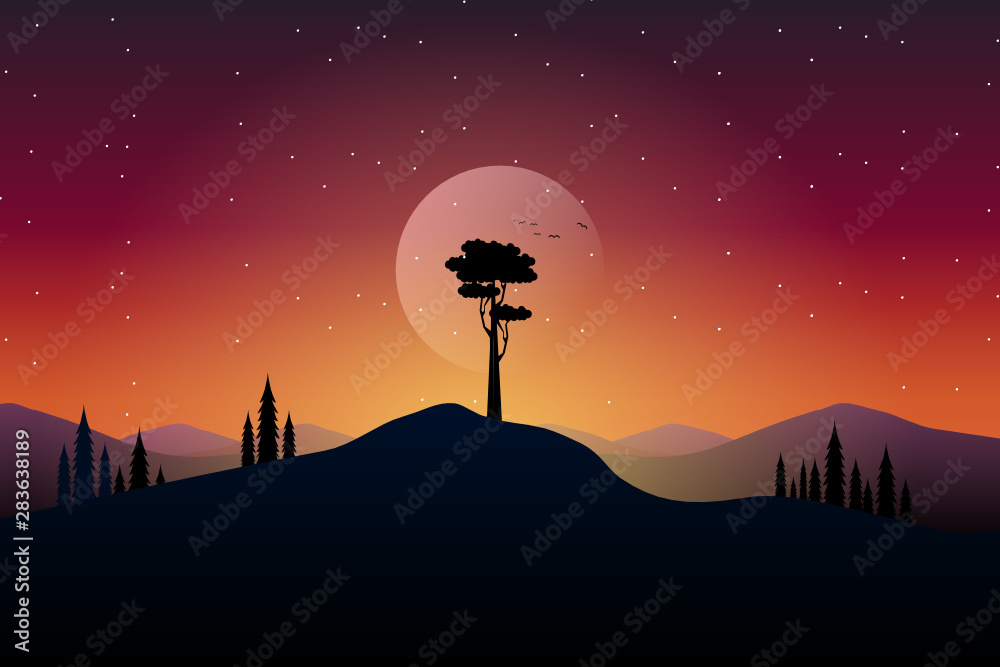 Fototapeta premium Landscape of silhouette tree with full moon and night sky background