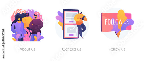 Customer loyalty and technical support web icons set. Clients hotline. Website information. About us, contact us, follow us metaphors. Vector isolated concept metaphor illustrations
